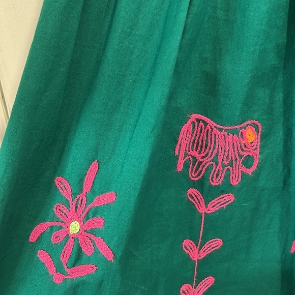 WD.NY Green Pink Embroidered Boho Floral Animal Cotton Midi Skirt - Size 6 - Picture 3 of 11